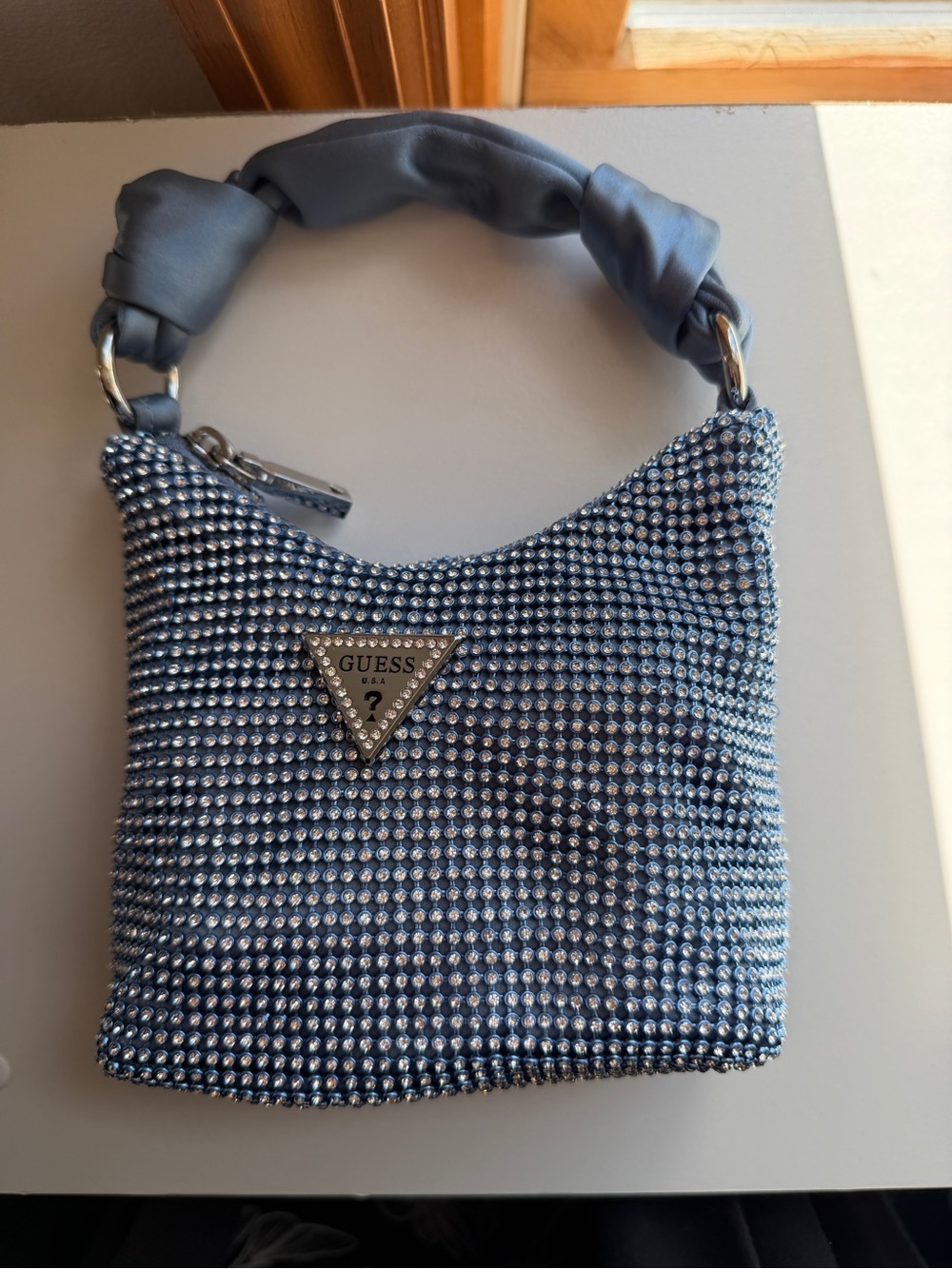 GUESS Silver-Embellished Blue Mini Shoulder Bag